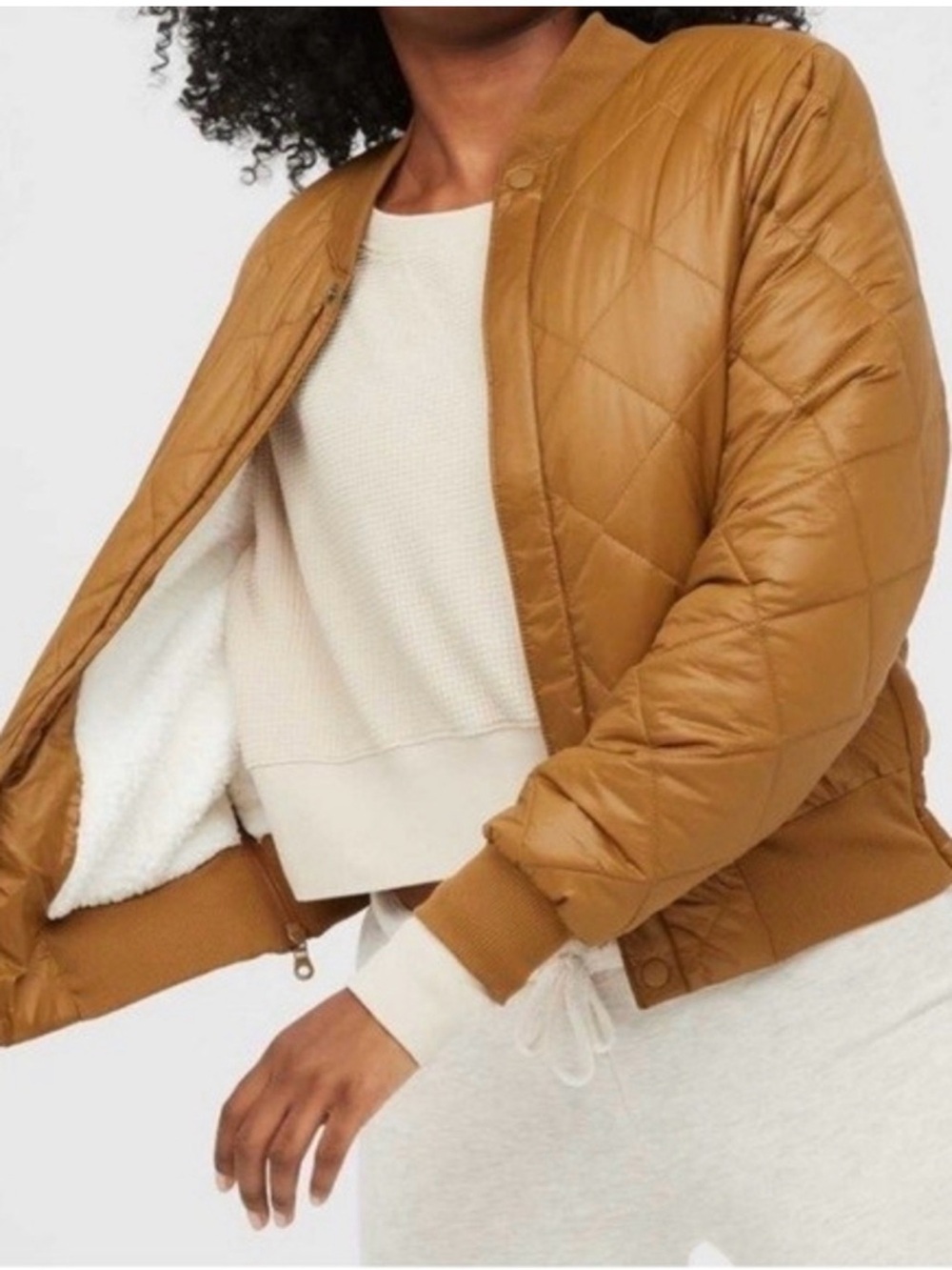 aerie Quilted Sherpa-Lined Bomber Jacket - Camel Brown size large